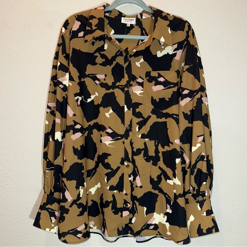 CROSBY by Mollie Burch Mignonne Undone Black Tan Oversized Button Down Shirt XL - Picture 2 of 15
